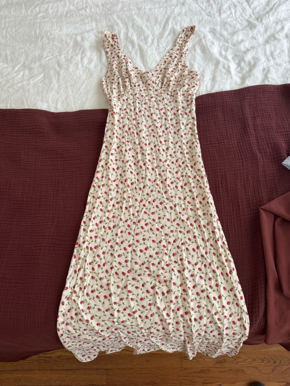 Reformation Cream Maxi Dress with Red Rose Print